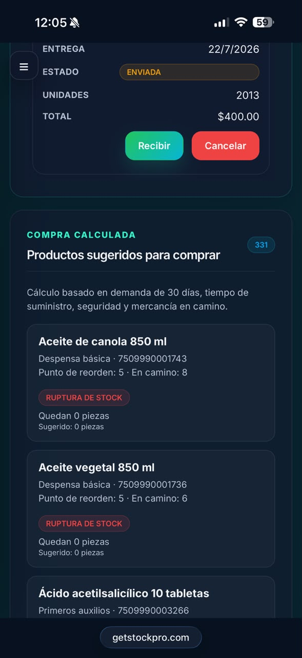 Control de compras real de StockPro en un celular